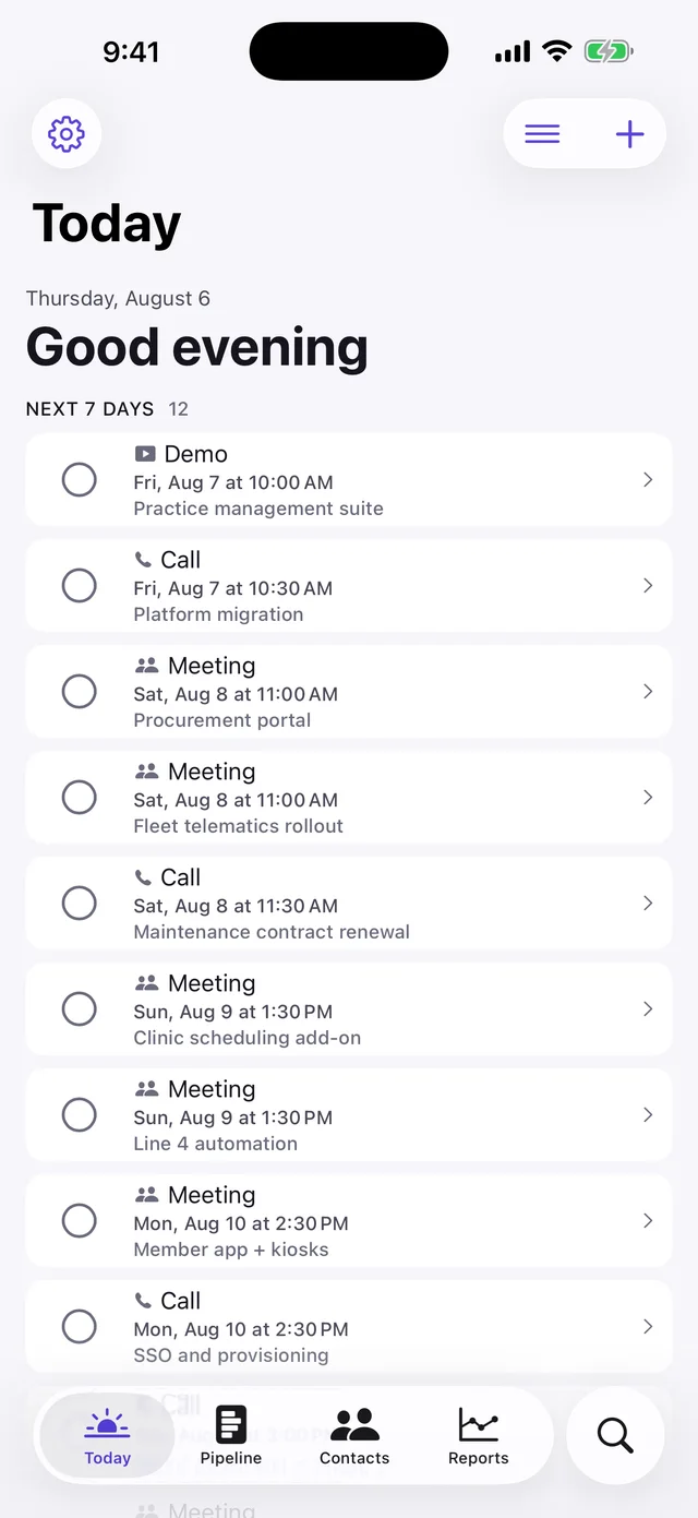 The Clinch Today screen listing the next seven days of calls, demos and meetings, each showing the deal it belongs to.