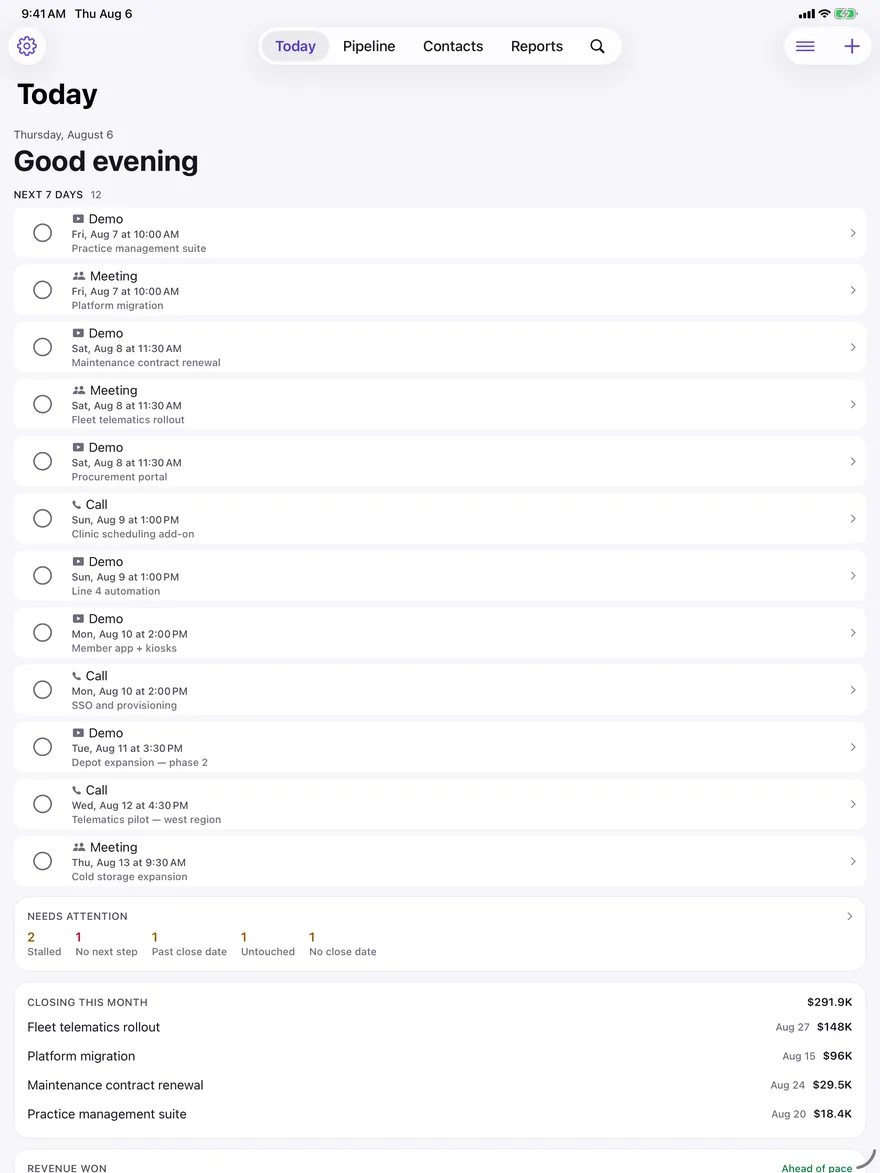 Clinch on iPad showing the Today screen with the week's scheduled calls, demos and meetings listed full width.