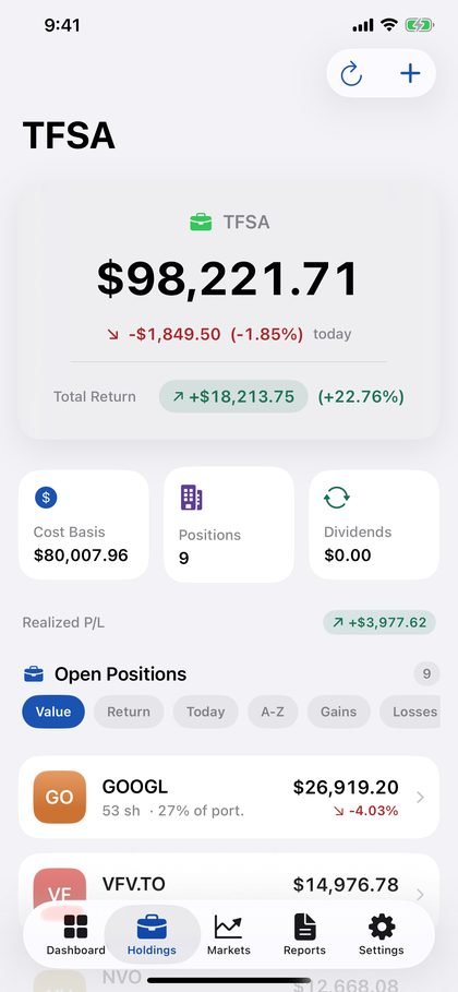 SmartFolio holdings list with cost basis and gain for each position