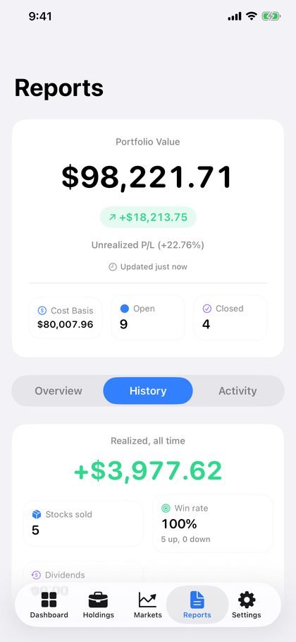 SmartFolio transaction history with buys, sells and dividends
