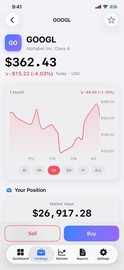 SmartFolio stock detail with price chart and tax lots